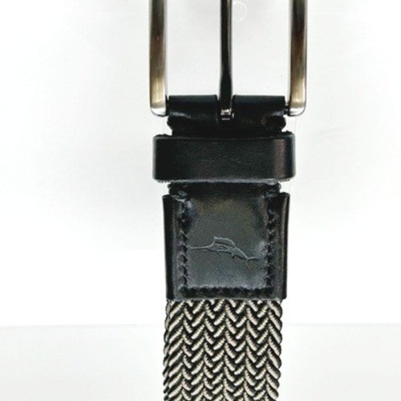 TOMMY BAHAMA Two Tone Stretchy Woven Belt Leather Trim Beige Black Sz S/M 30-36" - Picture 4 of 5